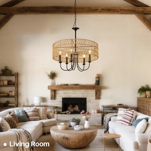 24 Inch Farmhouse Rattan Chandelier - Hand-Woven Boho Pendant Light with Black Metal Frame - Rustic Ceiling Light for Dining & Living Room - Variation B