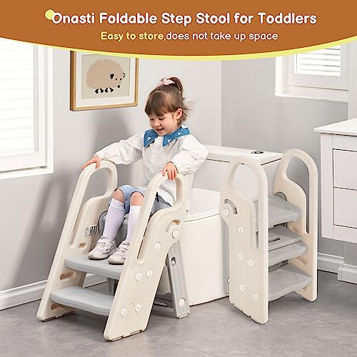 Gray Foldable 3-Step Stool for Kids Bathroom Sink & Kitchen Helper - Adjustable & Space-Saving