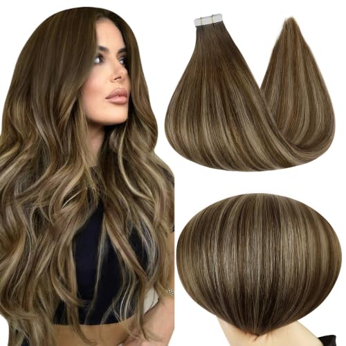 Full Shine Tape-in Hair Extensions 16 Inch Medium Brown Honey Blonde Variation 4/24/4