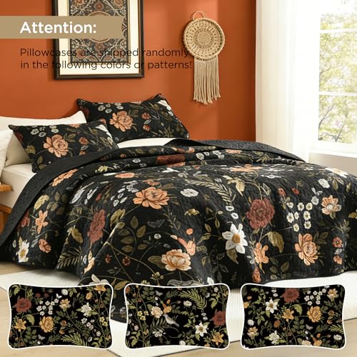 Black Floral California King Quilt Set - 3 Pieces Summer Boho Bedspread & Pillowcases