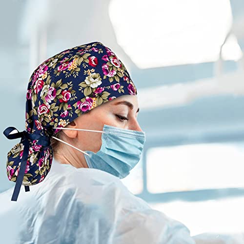 FOHEEL Women's Scrub Cap with Buttons & Ribbon Tie - Multicolor One Size Nurse Hat with Ponytail Pouch