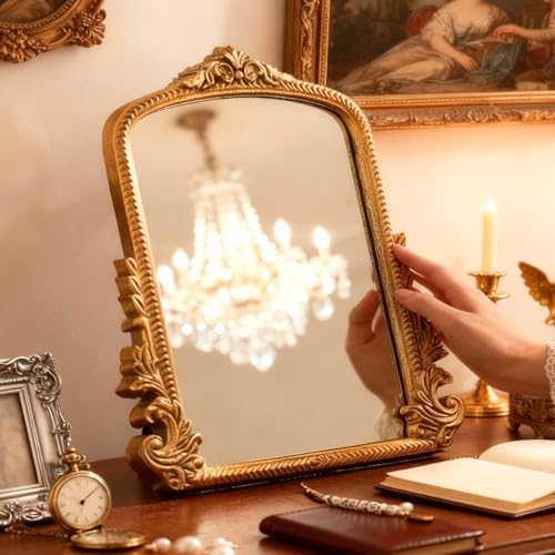 YUSONG Vintage Desk Mirror 11.4" x 9.2" Gold Antique Tabletop Mirror with Resin Frame