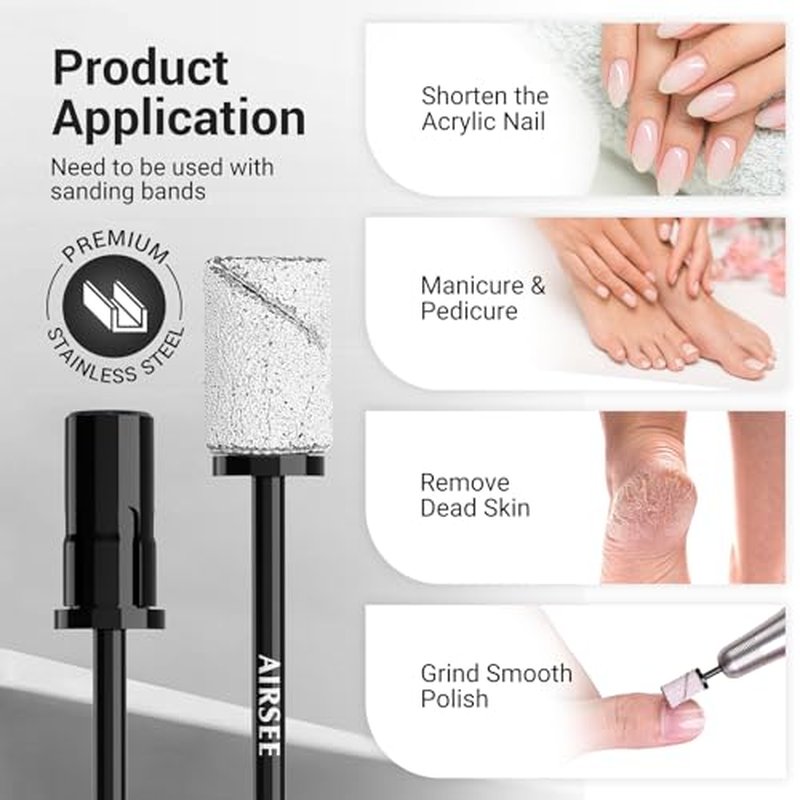 AIRSEE Nail Drill Mandrel Bit for Efile Sanding Bands and EB Rechargeable 30000RPM Electric Nail Drill Professional
