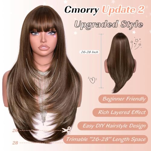 Brown Layered Wig with Bangs for Women - Realistic Scalp, Style Variations Blonde Highlight