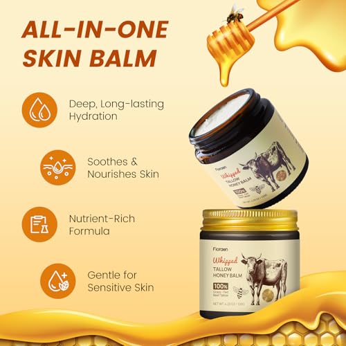Whipped Beef Tallow and Manuka Honey Balm, Beef Tallow for Face, Unscented Skin Care for Dry and Sensitive Skin, Natural Tallow Balm for Hydration and Nourishment, 4 fl.oz