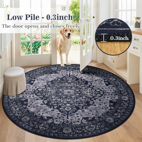 Blue 8ft Boho Round Rug - Vintage Non-Slip Washable Floor Carpet for Living Room