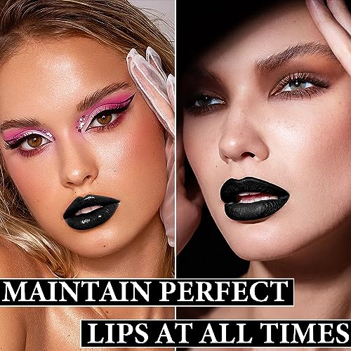 Black Matte Liquid Lipstick,3 in 1 Black Lip Liner and Lipstick Set,Matte Lip Gloss Long Lasting Moisturizing Velvet Lipgloss Make Up Gift Set Cosplay Goth Halloween Special Effects Makeup Kit