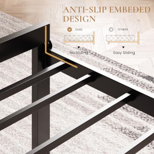 Queen Size Metal Bed Frame with Linen Tufted Headboard - Dark Gray, SHA CERLIN
