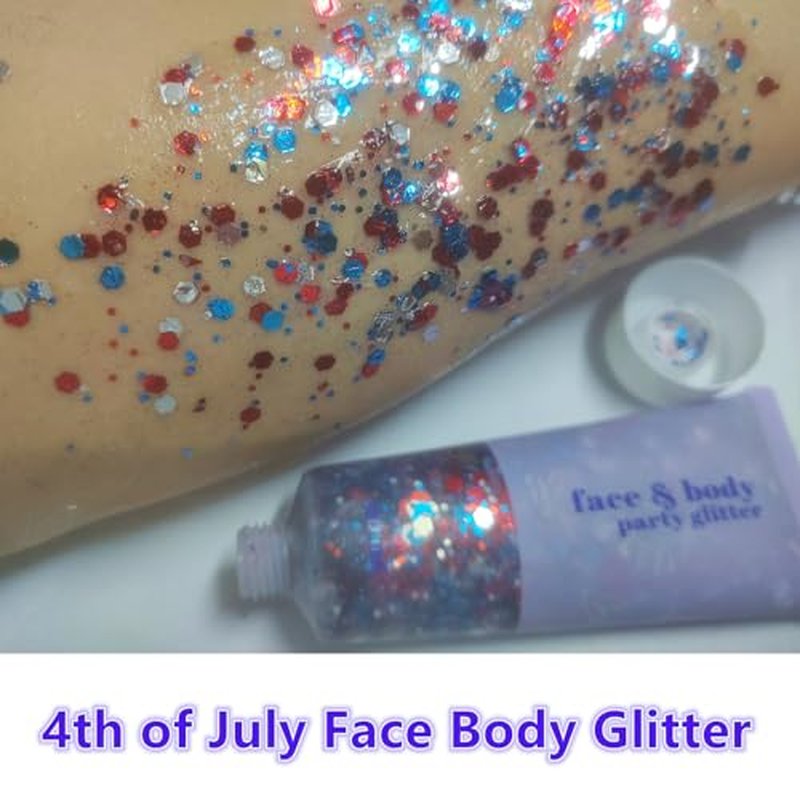 Go Ho 4th of July Outfits for Women,Red White and Blue Face Body Glitter,9PC Necklaces,3PC Star Glasses and 6PC Patriotic Bracelets,4th of July Accessories,Fourth of July Decorations Favors Set