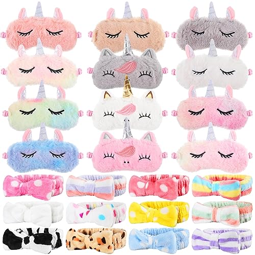 Sleepover Party Supplies Kit with Unicorn Eye Masks & Bow Headbands for Girls & Women