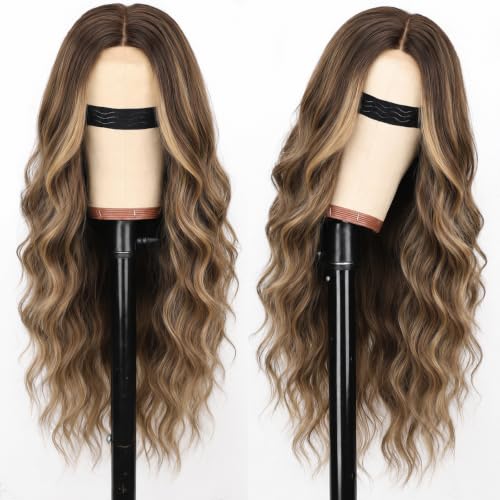 Eawwii Highlight Brown Wigs for Women 26 Inch Wavy Lace-Free Glueless Wig with Blonde Highlights