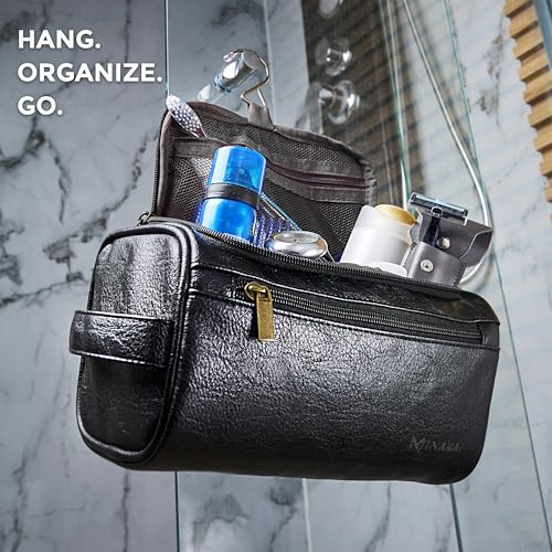 MINARAI- Mens Toiletry Bag with Razor Case?Soft PU Leather-Look Hygiene Bag for men with Wide-Open Access, Hanging Design, and Strong Structure ? Built for Travel, Gym, and Everyday Organization?BLACK