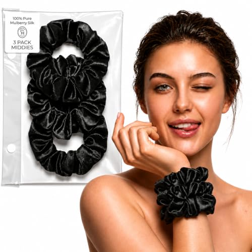 Colorado Home Co 3pc Black Mulberry Silk Scrunchies for Women & Girls