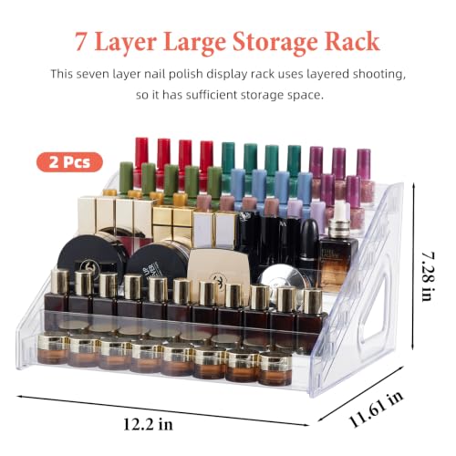 2 Pack Acrylic Nail Polish Organizer Holder Rack 7 Tiers, Clear Display Stand for Bottles & Makeup