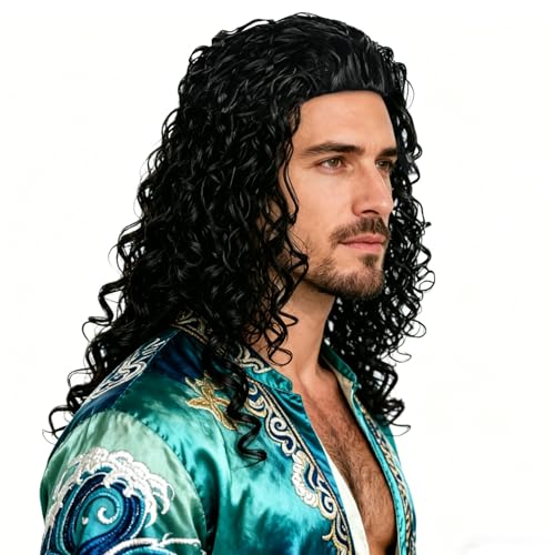Mens Black Curly Shoulder Length Wig - Fluffy Realistic Cosplay Hair