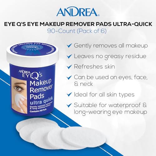 Andrea Quick Eye Makeup Remover Pads - Waterproof & Sensitive Skin, 90 Count (Pack of 6)