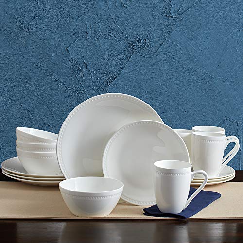 Mikasa Loria 16-Piece Dinnerware Set for 4 – White Bone China, Embossed Bead, Microwave & Dishwasher Safe (Brown Box Variant)