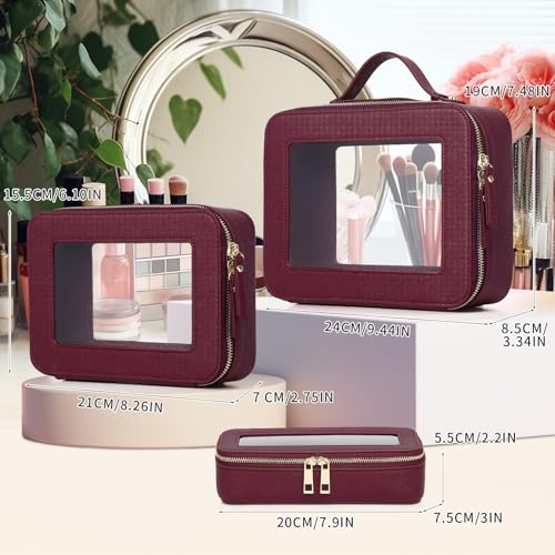 Pinkmik Burgundy B5 Slim Clear Makeup Bag Set – 3 Piece, TSA-Friendly