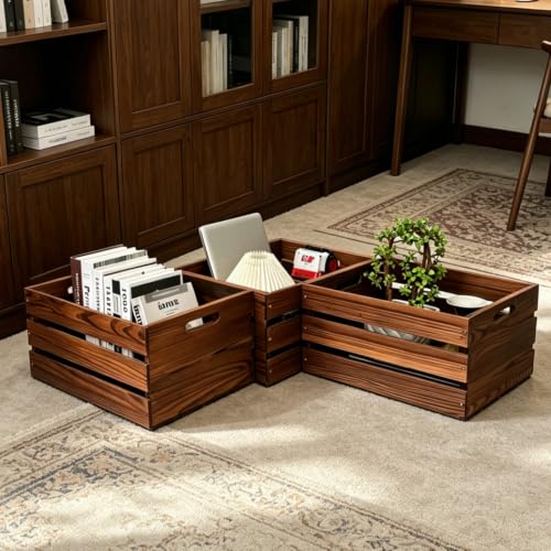 Set of 3 Rustic Wooden Storage Crates with Handles - Dark Brown Farmhouse Decor