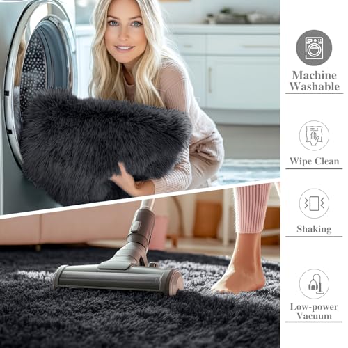 8x10 Ft Black Large Area Rug - Machine Washable Fluffy Shaggy Bedroom & Living Room Carpet