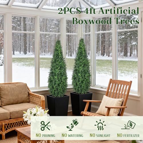 48-Inch Artificial Boxwood Topiary Trees with Black Pots - Set of 2