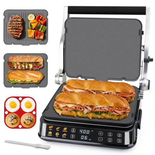Indoor Grill & Electric Griddle Combo - Stainless Steel, 6-in-1 with Removable Plates & Silicone Mold