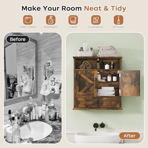 Viroformo Rustic Brown Wall Mounted Bathroom Cabinet with Open Shelf & Removable Drawer
