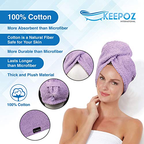 Hair Towel Wrap for Women - 100% Cotton Quick Dry Turban with Button - Lilac Pink Check, 2 Pack