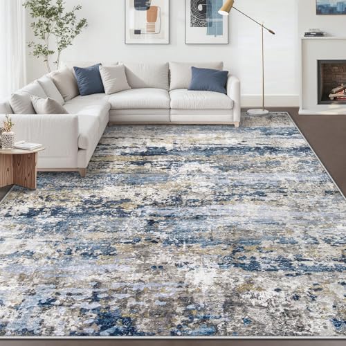 Pmtsns Large Washable Area Rug 8x10 Modern Abstract Neutral Blue Grey Brown Non-Slip Low-Pile for Living Room Bedroom Home Office