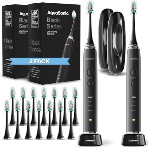 Aquasonic Black Series Ultra Whitening Electric Toothbrush Pack of 2 with 8 Brush Heads