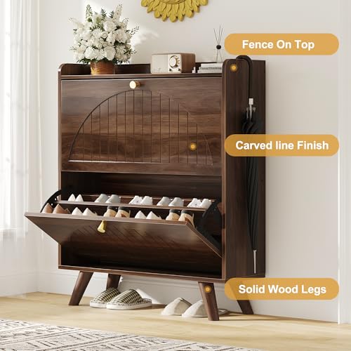 Walnut Shoe Cabinet with 2 Flip-Down Drawers and Adjustable Shelves - 37.6 Inch