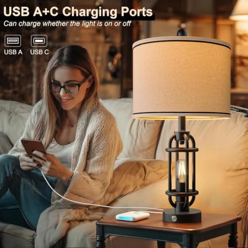 24-Inch Black Table Lamps Set of 2 with USB Ports - Industrial Vintage Nightstand Lights