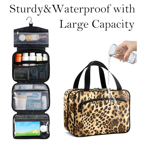 Large Travel Toiletry Bag for Women and Men - Leopard Skin Pattern Hanging Organizer with Pockets, Foldable Cosmetic & Makeup Storage Case