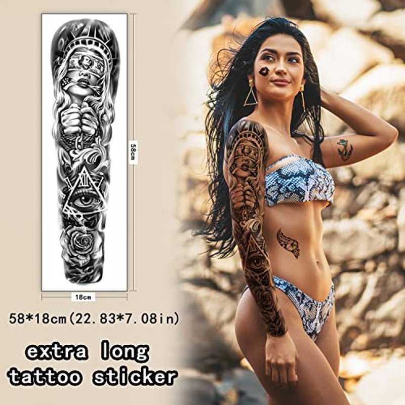 46 Sheets Full Arm Temporary Tattoos Waterproof For Men(L22.8¡°xW7¡±), Fake Tattoos for Women Lion Tiger Clock Flower Skeleton Animals Design, Hand Forearm Shoulder 3D Tattoos for Halloween