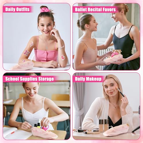 Y1tvei Ballerina Shoe Makeup Bag Set - 66Pcs Ballet Dancing Girls Satin Cosmetic Pouch Dance Stickers Sparkly Pink Ballerina Bracelet Necklace with Card Hairband, Ballet Dancer Gifts for Dance Recital