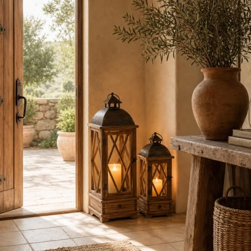 Decorative Wooden Lanterns Set of 2 - Rustic Farmhouse Indoor Outdoor Candle Holders