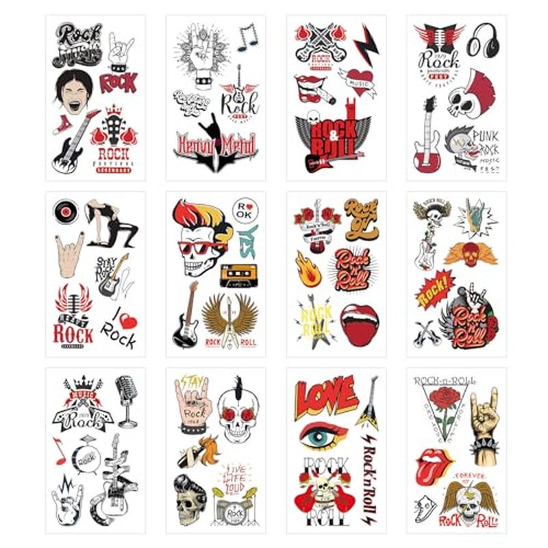 65 Pieces Rock N Roll Temporary Tattoos, Rock Star Birthday Party Decorations Supplies Favors Gifts, Born to Rock Tattoo Stickers for Kids Boys Girls Classroom School Prizes Rewards