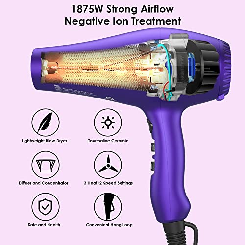 Lightweight 1875W Ionic Hair Dryer with Diffuser & Multiple Settings - Purple