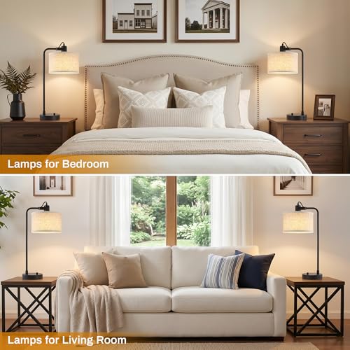 Black Adjustable Bedside & Table Lamp Set of 2 with USB-C & A, Dimmable, Remove Shade - Variation Black-A