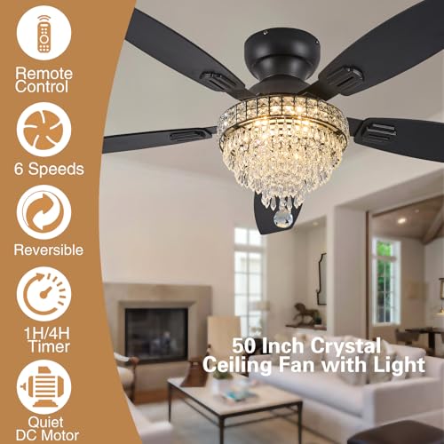 Crystal Ceiling Fan with Light - 50 Inch Black Fandelier with Remote Control - Low Profile Modern Fan