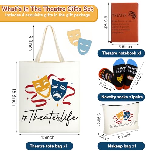 4 Pack Theatre Gift Set for Musical Theater Lovers Canvas Tote Makeup Bag Crew Socks Leather Notebook for Broadway Actors Drama Students Valentine¡¯s Day Birthday Graduation Gifts