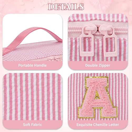 Easter Basket Gifts for Girls Women - Travel Makeup Bag for Women, 2Pcs Portable Personalized Initial Makeup Organizer Bag, Open Flat Large Cosmetic Bag With Travel Essential Pouch (Pink Letter C)