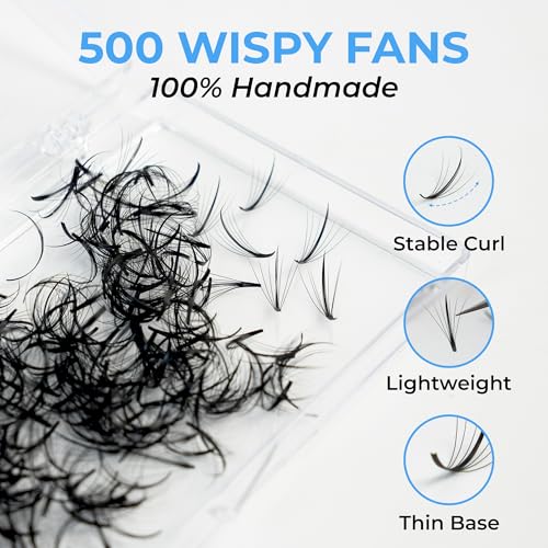 TEGAN LASH 500 Wispy Premade Fans Eyelash Extensions, Handmade Volume Lashes, From 5D-9D, 0.05/0.07 Thickness, C/CC/D Curl, 9-15mm Length, Thin Base, Soft, Long-Lasting, Easy to Apply (5D-0.07-C-11)