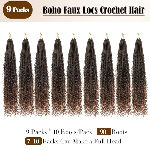 Boho Goddess Locs Crochet Hair - 9 Packs, 30 Inch Ombre Brown Curly Faux Locs T1B/30#