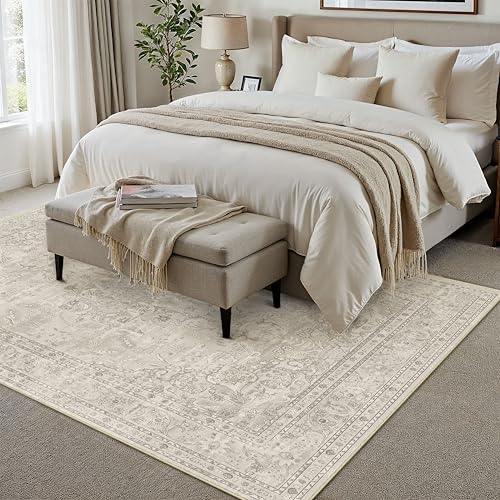 PureCozy Vintage Beige 8x10 Low Pile Washable Area Rug - Large Living Room Carpet