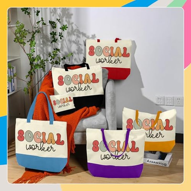 12 Pcs Social Worker Tote Bag Gift for Women Include 6 Cosmetic Bags 6 Canvas Bags Social Worker Appreciation Gifts Set for Women Retirement Volunteer Graduation Birthday Holiday Bag Gift Bulk