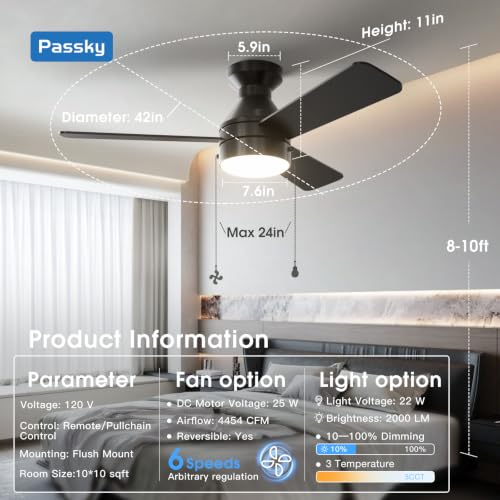 Passky 42 Inch Black Low Profile Ceiling Fan with Light & Remote - Flush Mount