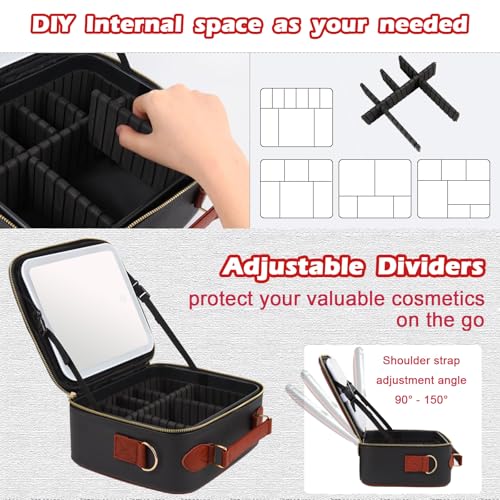 Travel Makeup Bag with Light Up Mirror - Black, Waterproof, Rechargeable LED Vanity Case