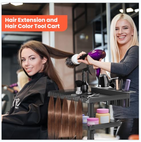 Salon Hair Extensions Organizer Cart with Magnetic Bowls & Adjustable Height - Black