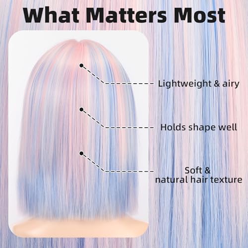 Rainbow Short Bob Wig with Bangs - Heat-Resistant Synthetic Hair for Women, 12 Inch for Daily, Party, Halloween Costume